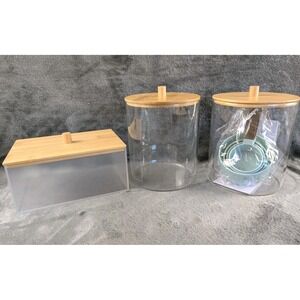 Laundry Collection Glass Jar Set Bamboo Lids + Labels & Cups New 3 Pc‎ Storage